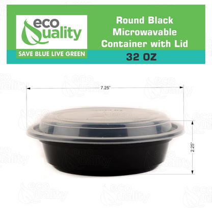 32oz - 10 Count - Round Microwavable Plastic Meal Prep Containers with Lids - Food Storage Container - Certified BPA-Free, Stackable, Reusable Microwave, Dishwasher, Freezer Safe, Disposable (Black)