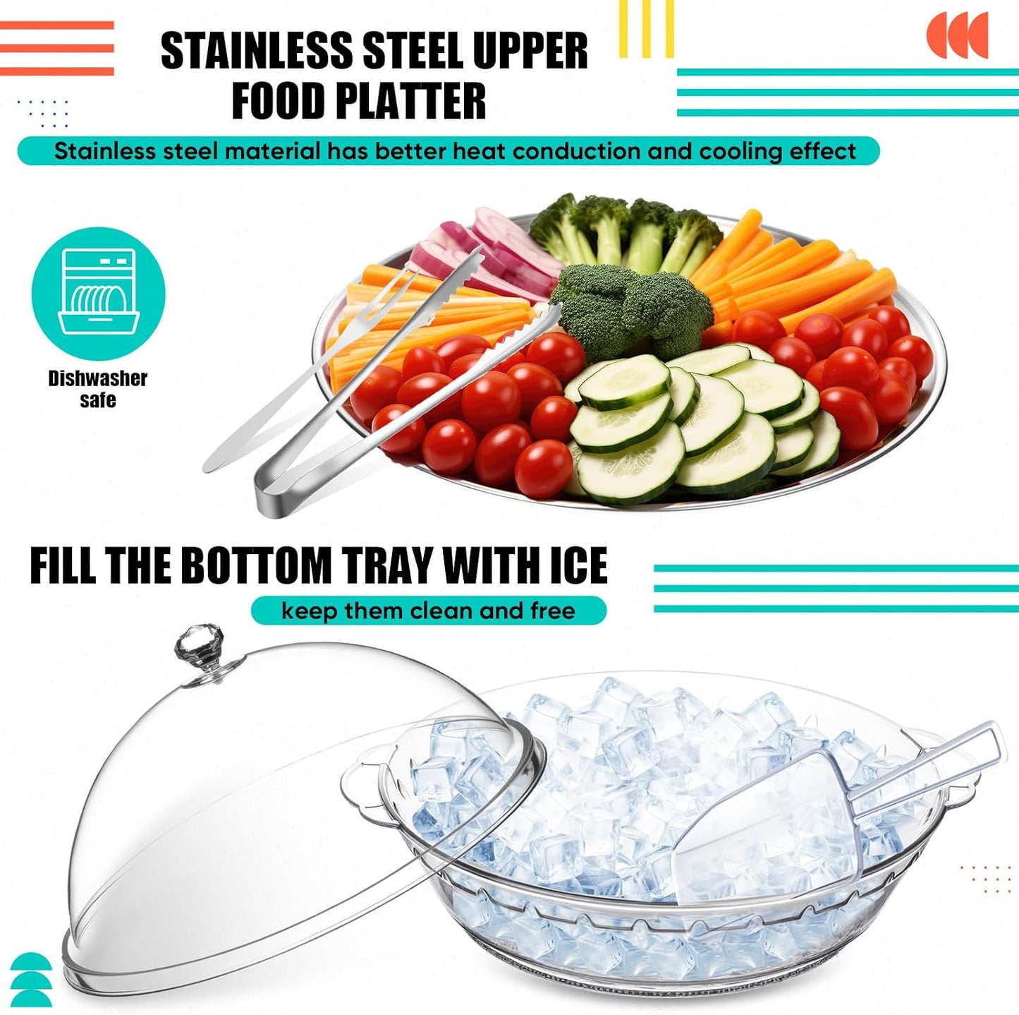Baderke 11.8" Chilled Serving Tray for Parties with Compartments and lid Ice Chilled Party Platter Charcuterie Serving Board Cold Dish Dip for Fruit Seafood Vegetable Shrimp Cocktail(Silver,2 Pcs)