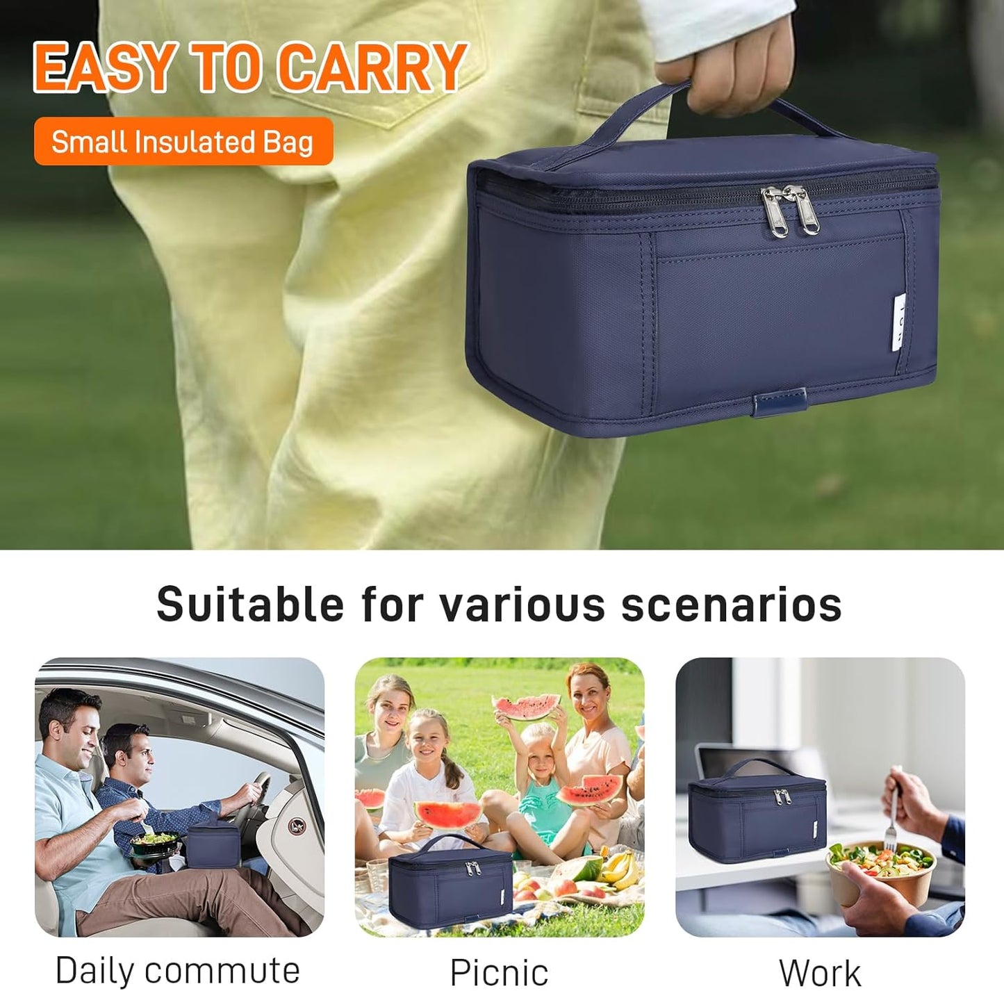 NOL Mini Insulated Lunch Bag for Women Men Kids | Small Leakproof Reusable Lunch Tote | Fits 6 Cans 330ml | Thermal Cooler for Work School Picnic Camping, Navy blue