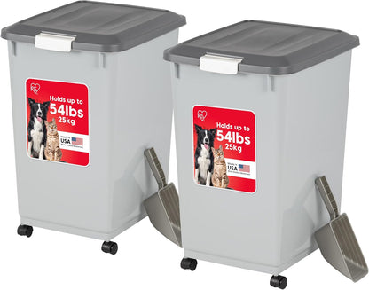 IRIS USA Dog Food Storage Container, 2 Pack, Up to 30 lbs Each, Airtight Seal for Freshness, Wheels for Rolling, Easy One Hand Opening, Made in USA, BPA Free, Clear/Black