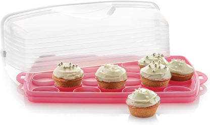 Tupperware, Rectangular Cake and Cupcake Carrier in Pink, Holds 18 Cupcakes