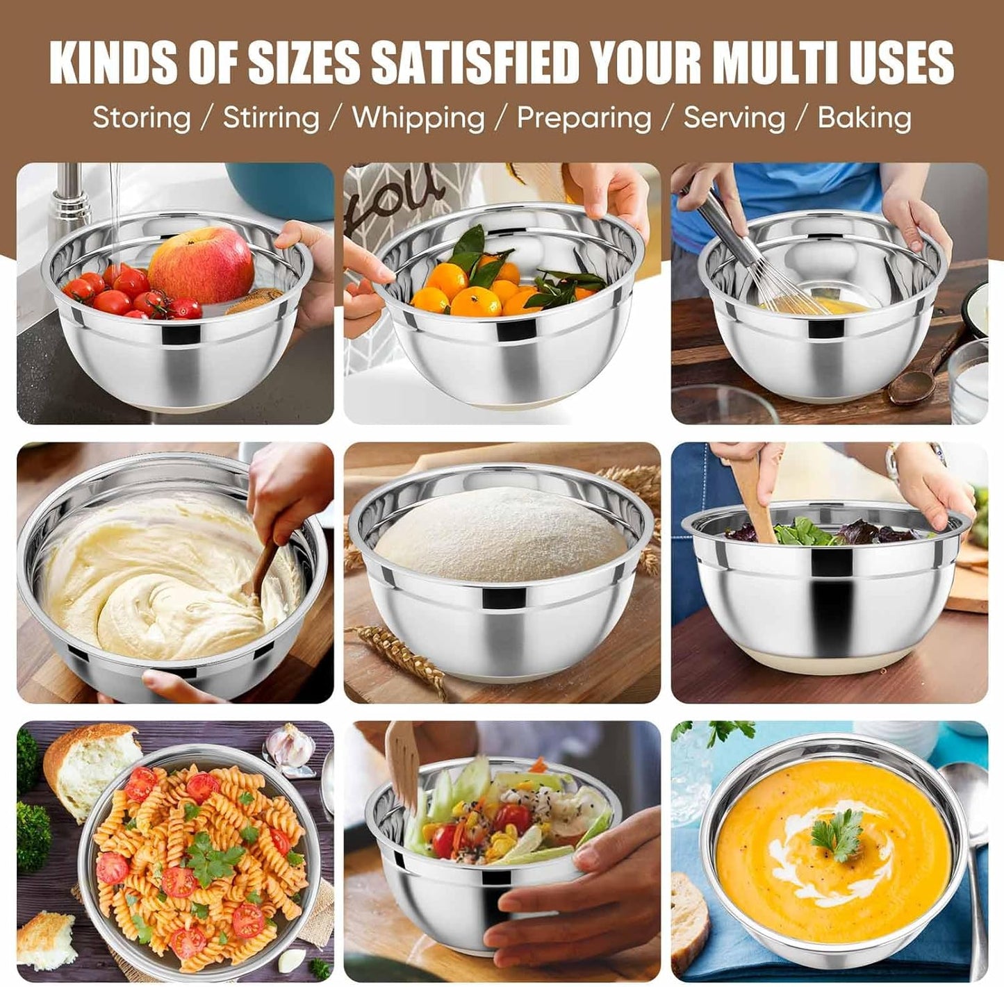 P&P CHEF Mixing Bowls with Lids Set of 5, Stainless Steel Nesting Salad Bowl with Lid & Base for Non-slip Mixing Prepping Storing Serving, 5 Sizes-7/3.5/2.5/1.5/1 QT, Khaki