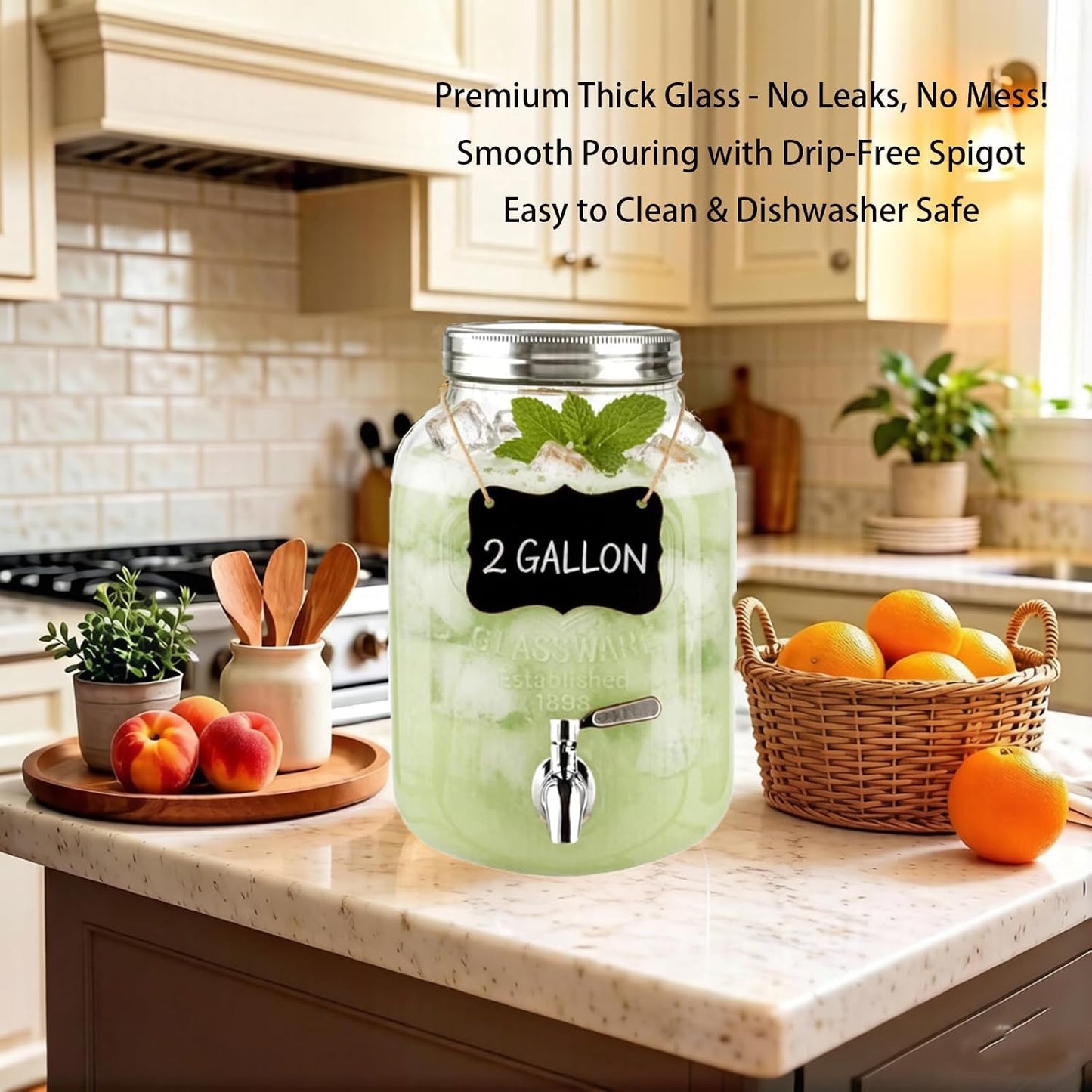 2 Gallon Glass Beverage/Drink Dispenser with Stand, Lid & Ice Core | Leakproof 18/8 Stainless Steel Spigot | Mason Jar Style for Party, Iced Tea, Outdoor & Home