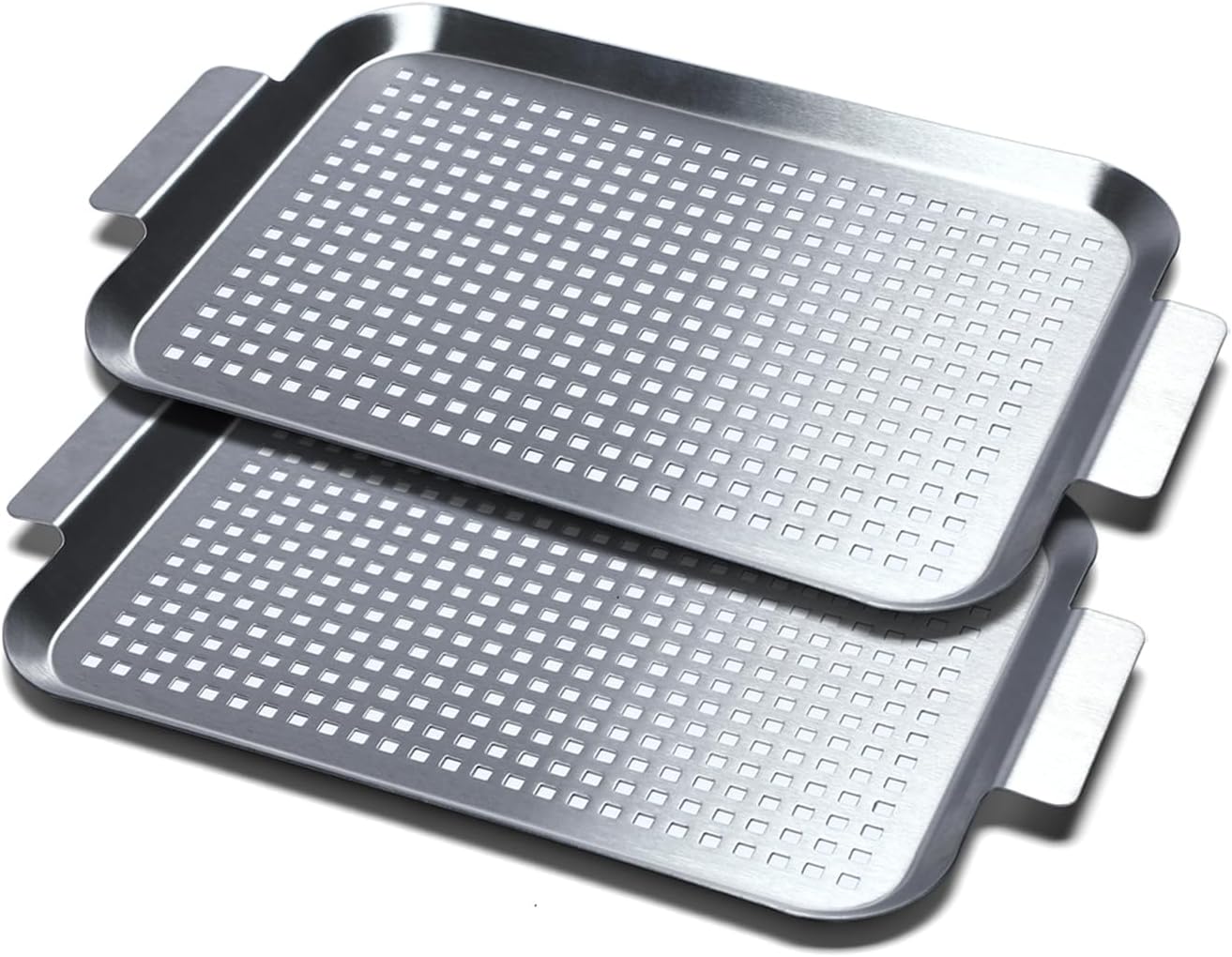 Grill Pan Set of 2, BBQ Grill Topper for Outdoor Grill, Stainless Steel Grilling Baskets with Holes and Handles, Perforated Food Tray Barbecue Accessories for Vegetable, Fish, Meat, Seafood
