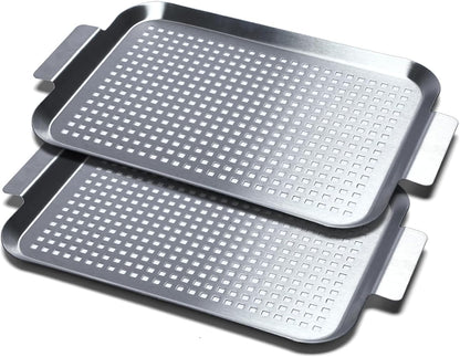 Grill Pan Set of 2, BBQ Grill Topper for Outdoor Grill, Stainless Steel Grilling Baskets with Holes and Handles, Perforated Food Tray Barbecue Accessories for Vegetable, Fish, Meat, Seafood
