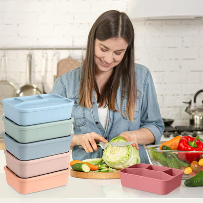 Honeydak 6 Pcs Silicone Bento Box Reusable Lunch Container 4 Compartment Snack Boxes with Lid Smooth LeakProof Rectangle Food Boxes for Adult Work Travel Food Storage (Cute Color)