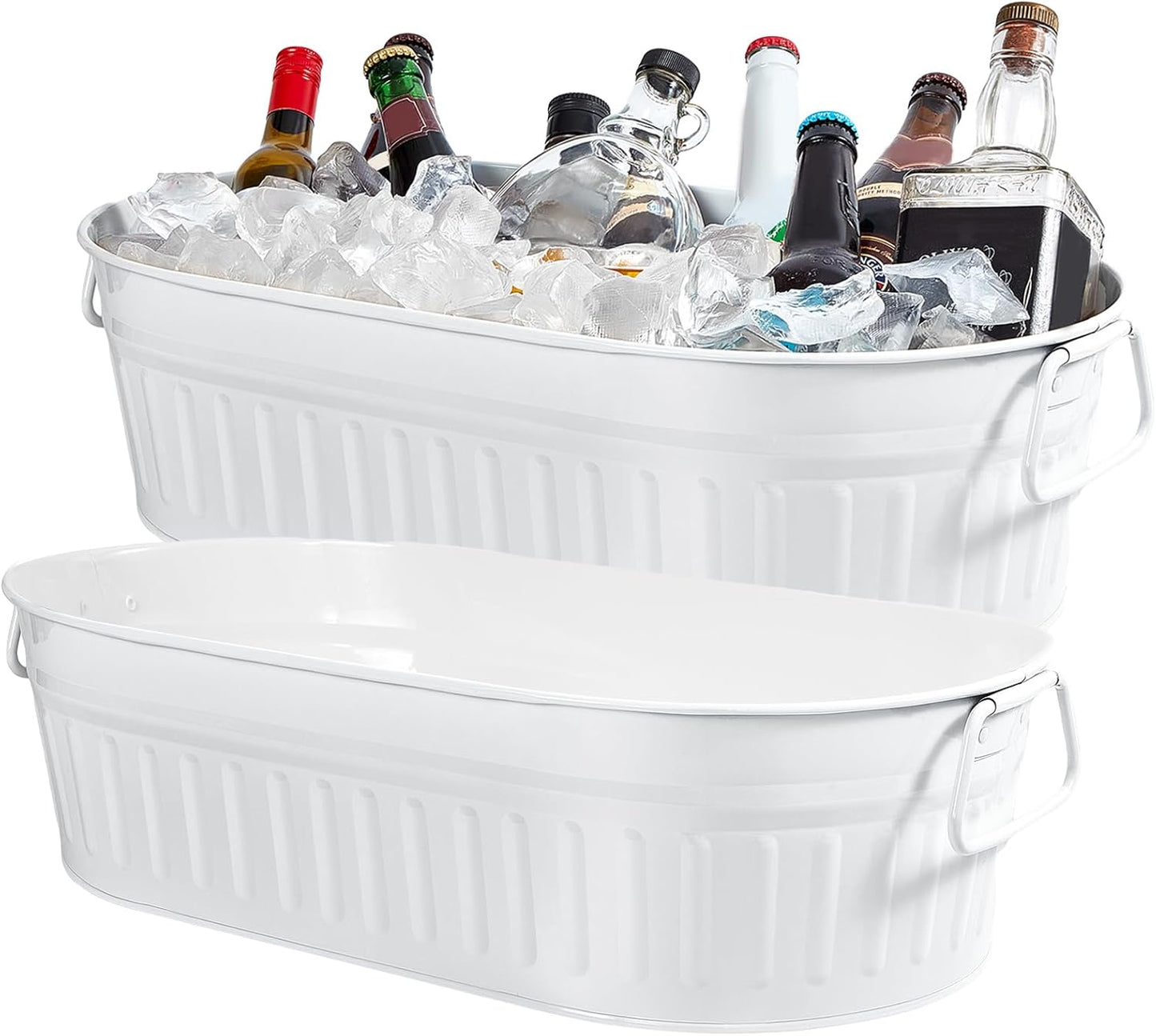 Lallisa 2 Pcs 5.3 gallons Galvanized Beverage Tub Galvanized Bucket Metal Ice and Drink Bucket with Handles Tub for Parties Farmhouse Home Pool Bar (White)