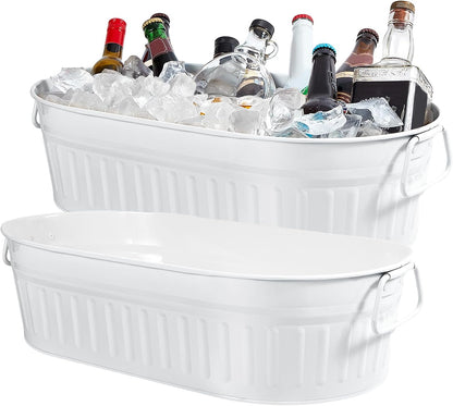 Lallisa 2 Pcs 5.3 gallons Galvanized Beverage Tub Galvanized Bucket Metal Ice and Drink Bucket with Handles Tub for Parties Farmhouse Home Pool Bar (White)