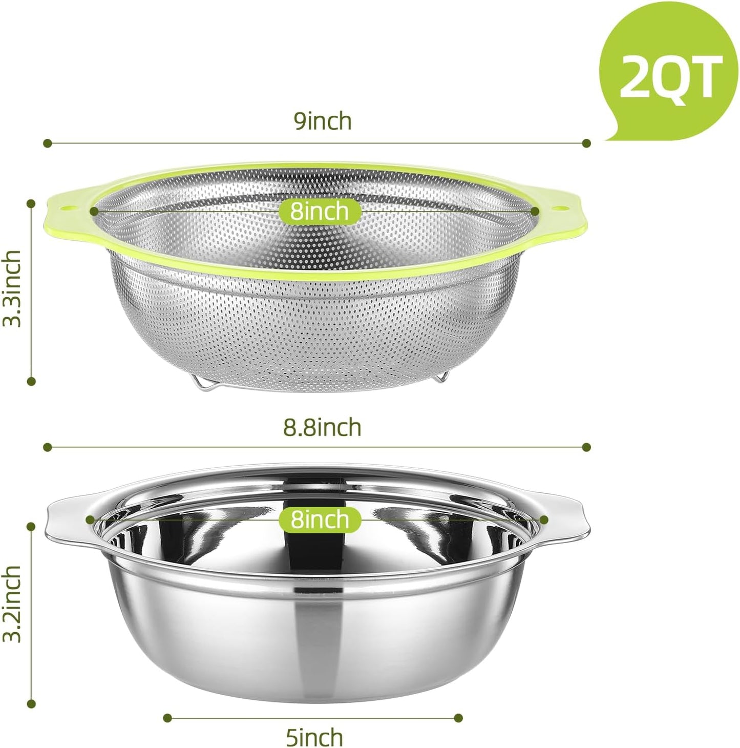 Colander Stainless Steel Microporous, 5QT Large Capacity Rice Washer with Mixing Bowl, 12.5’’Rice Strainer Bowl Set with Handle, Food-Grade Strainers and Colanders for Washing Rice, Pasta