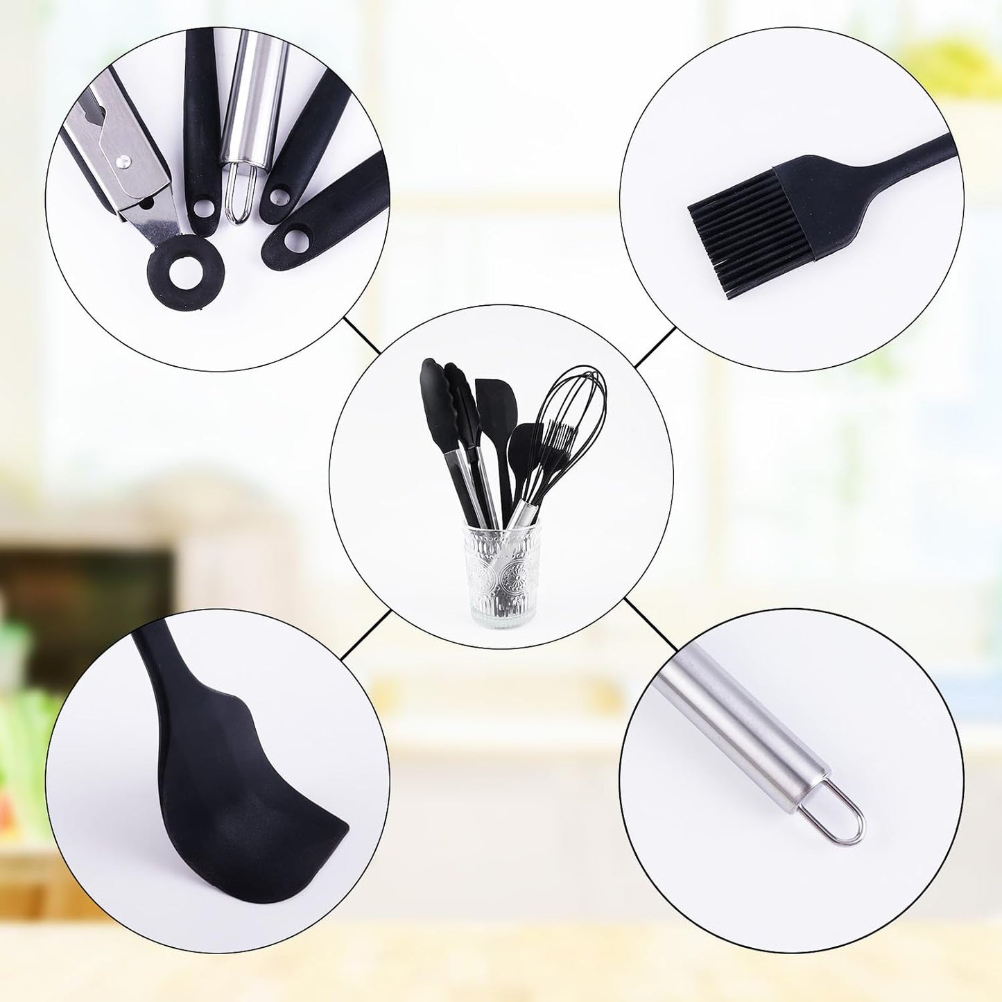 Silicone Kitchen Utensils Set - 5 Pcs Spatula Set with Holder, Heat Resistant, Dishwasher Safe (Green)