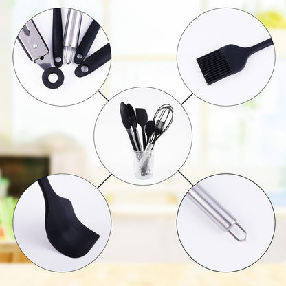 Silicone Kitchen Utensils Set - 5 Pcs Spatula Set with Holder, Heat Resistant, Dishwasher Safe (Green)