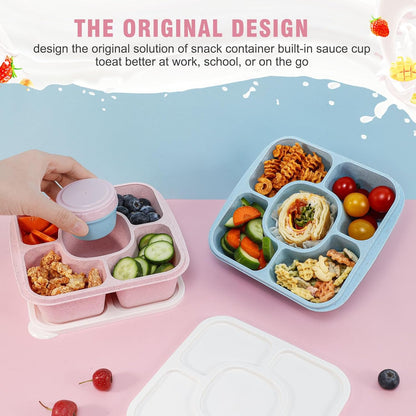 Original Lunchable Snack Containers - 5 Compartments Bento Snack Boxes with 1 Leakproof Small Containers, Wheat Straw, BPA-Free, Set of 2 (Bule+Pink)