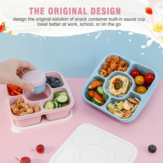 Original Lunchable Snack Containers - 5 Compartments Bento Snack Boxes with 1 Leakproof Small Containers, Wheat Straw, BPA-Free, Set of 2 (Bule+Pink)