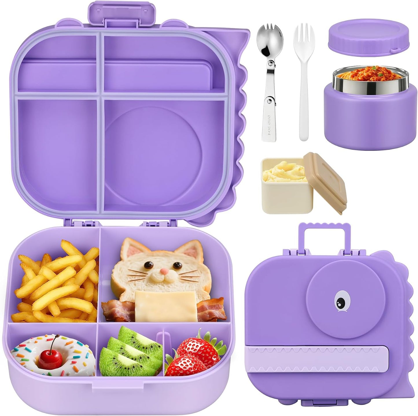 Lunch Box Kids with 5 Compartments, Insulated Food Jar & Utensils, Leak Proof Bento Box with Sauce Container, BPA-Free & Dishwasher Safe, Dinosaur Design(Purple)
