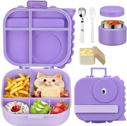 Lunch Box Kids with 5 Compartments, Insulated Food Jar & Utensils, Leak Proof Bento Box with Sauce Container, BPA-Free & Dishwasher Safe, Dinosaur Design(Purple)
