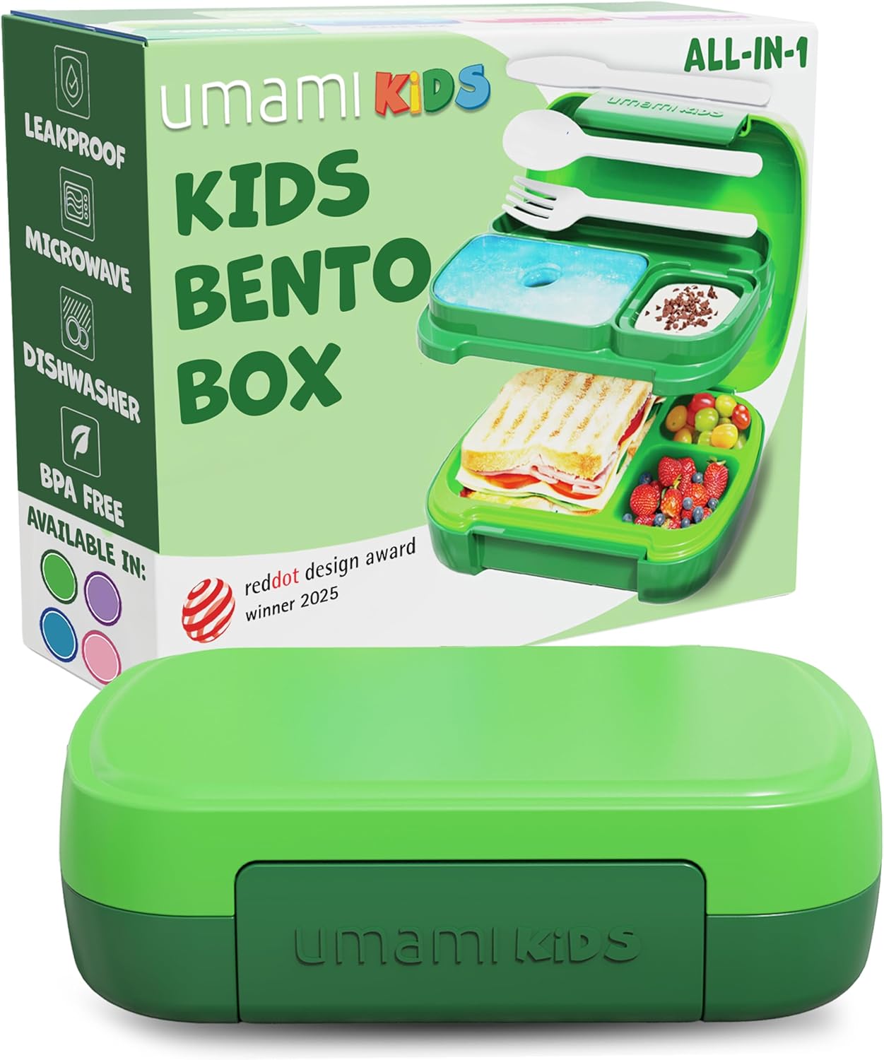 Umami All-in-1 Bento Box for Kids, Ice-pack & Utensils Included, 100% Leakproof & BPA free, Parents' favorite Lunch Box Kids (Green, 27 oz)