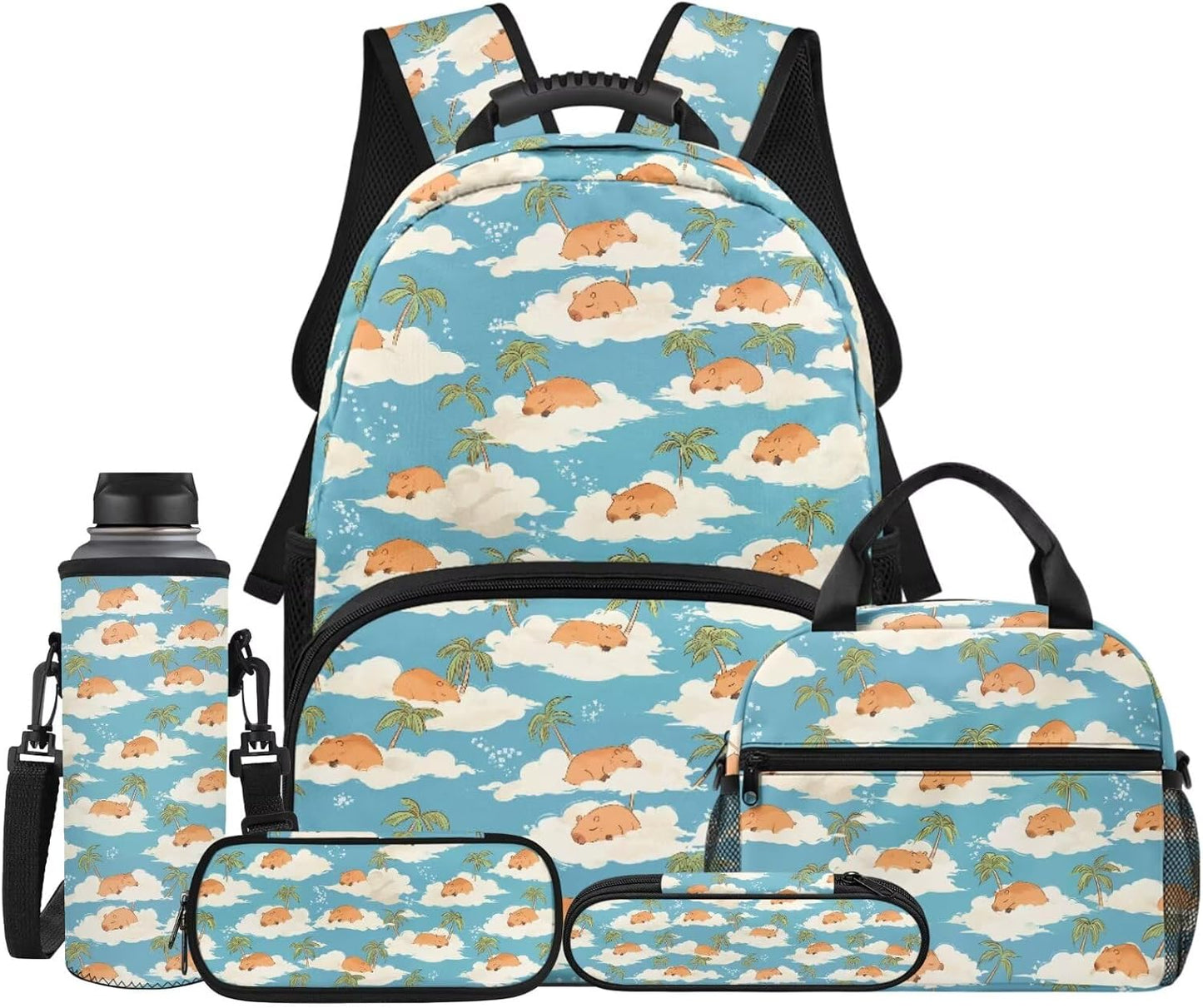 Cute Capybara Pizza Backpack for Girls, 5 Pcs Boys School Bag Set for Kids, 17 Inch Backpacks Lunch Pencil Box Reusable Utensils Case Set for Middle Elementary School, 3rd Grade Backpack