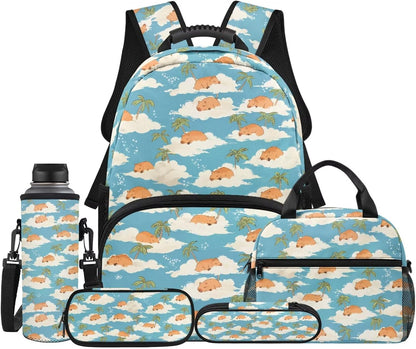 Cute Capybara Pizza Backpack for Girls, 5 Pcs Boys School Bag Set for Kids, 17 Inch Backpacks Lunch Pencil Box Reusable Utensils Case Set for Middle Elementary School, 3rd Grade Backpack