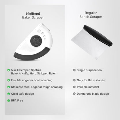 5-in-1 Dough Scraper & Flexible Bowl Scraper by Nextrend, Bread Scraper with Stainless Steel Edge, Ruler & Herb Stripper – BPA Free, Dishwasher Safe - Red