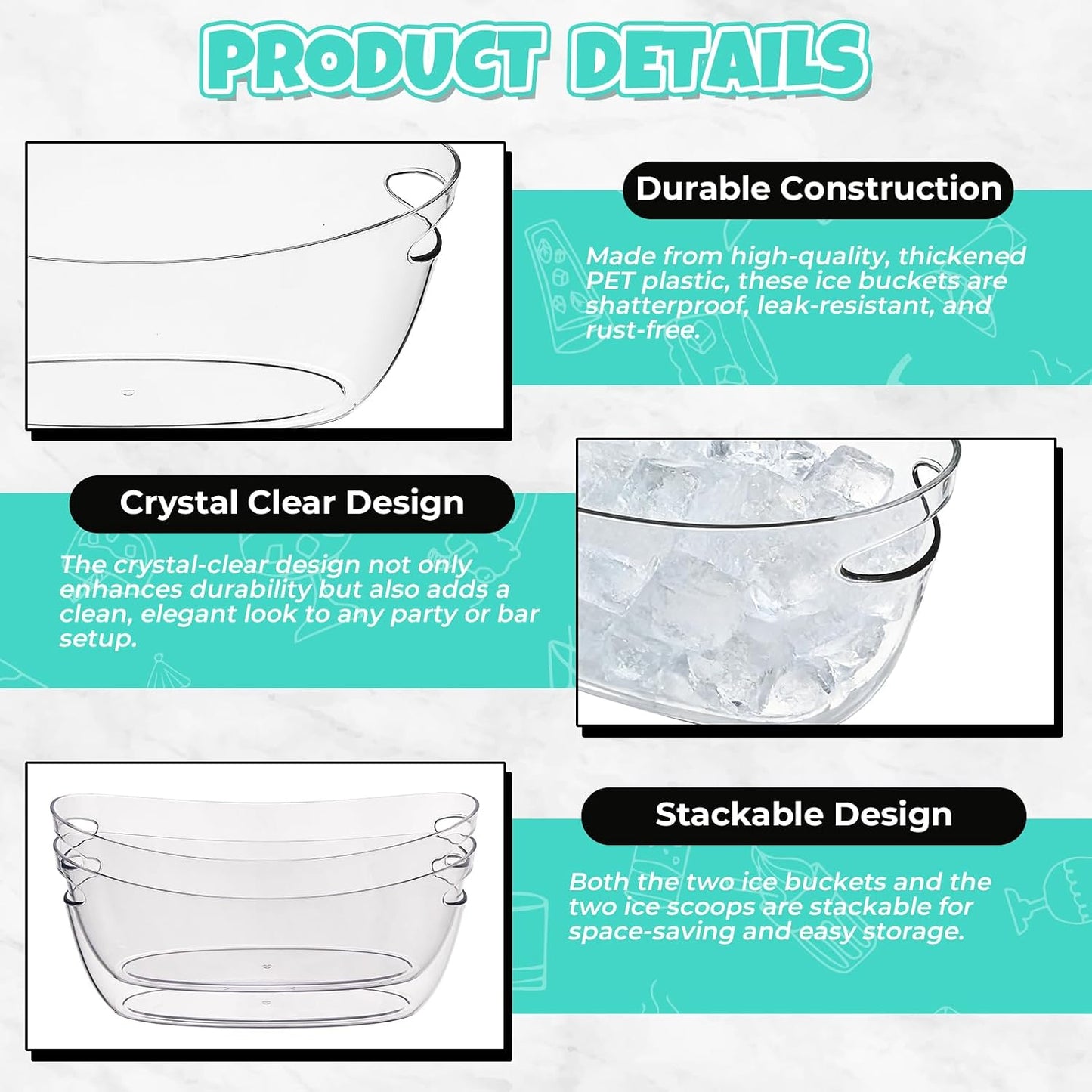 Ice Buckets 2-Pack, 5L Large Clear Acrylic Beverage Tubs with Scoops, Plastic Champagne Wine Beer Cooler for Parties, Mimosa Bar, Cocktail & Outdoor Events, Beverage Cooling Buckets