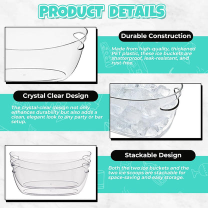 Ice Buckets 2-Pack, 5L Large Clear Acrylic Beverage Tubs with Scoops, Plastic Champagne Wine Beer Cooler for Parties, Mimosa Bar, Cocktail & Outdoor Events, Beverage Cooling Buckets