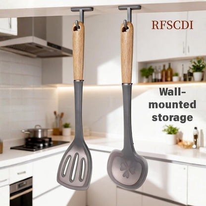 Exquisite Silicone Cooking Utensils Set - Non-Toxic, Heat-Resistant Kitchen Utensils Set with Food-Grade Silicone & Wood Handles - Includes Spatula & Spoon for Non-Stick Cookware, Black