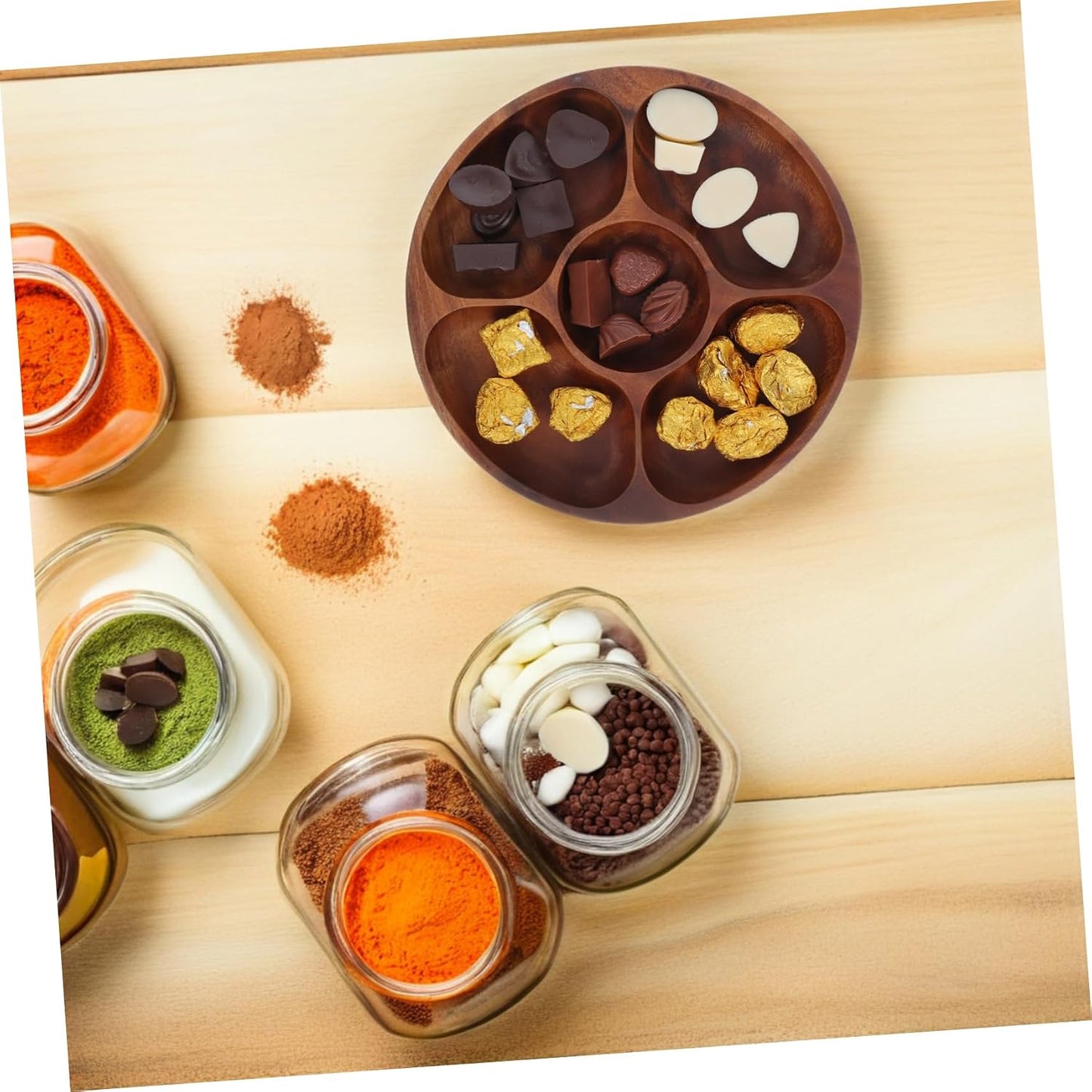 Cabilock Acacia Wood Round Snack Tray Section Serving Platter for Appetizers Fruits and Nuts Stylish Divided Design for Elegant Gatherings Easy to Clean and Maintain