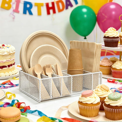 Paper Plate Organizer for Countertop - Metal Utensil Caddy Silverware Holder Cutlery Flatware Plastic Spoon Fork Plates Napkins Cup Storage Dispenser Party Picnic Essentials Camping Supplies