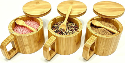 Bamboo Salt Cellar with Handle, 10oz Magnetic Swivel Lid & Spoon