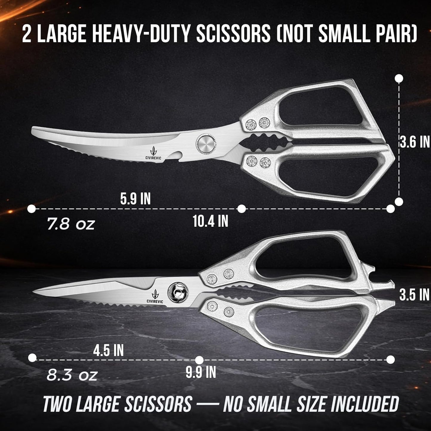 Heavy Duty Kitchen Shears for Bone Cutting, 2 Pack Ultra Sharp Poultry Scissors, Stainless Steel Kitchen Scissors for Chicken, Meat & Fish, Dishwasher Safe, Non-Slip Grip