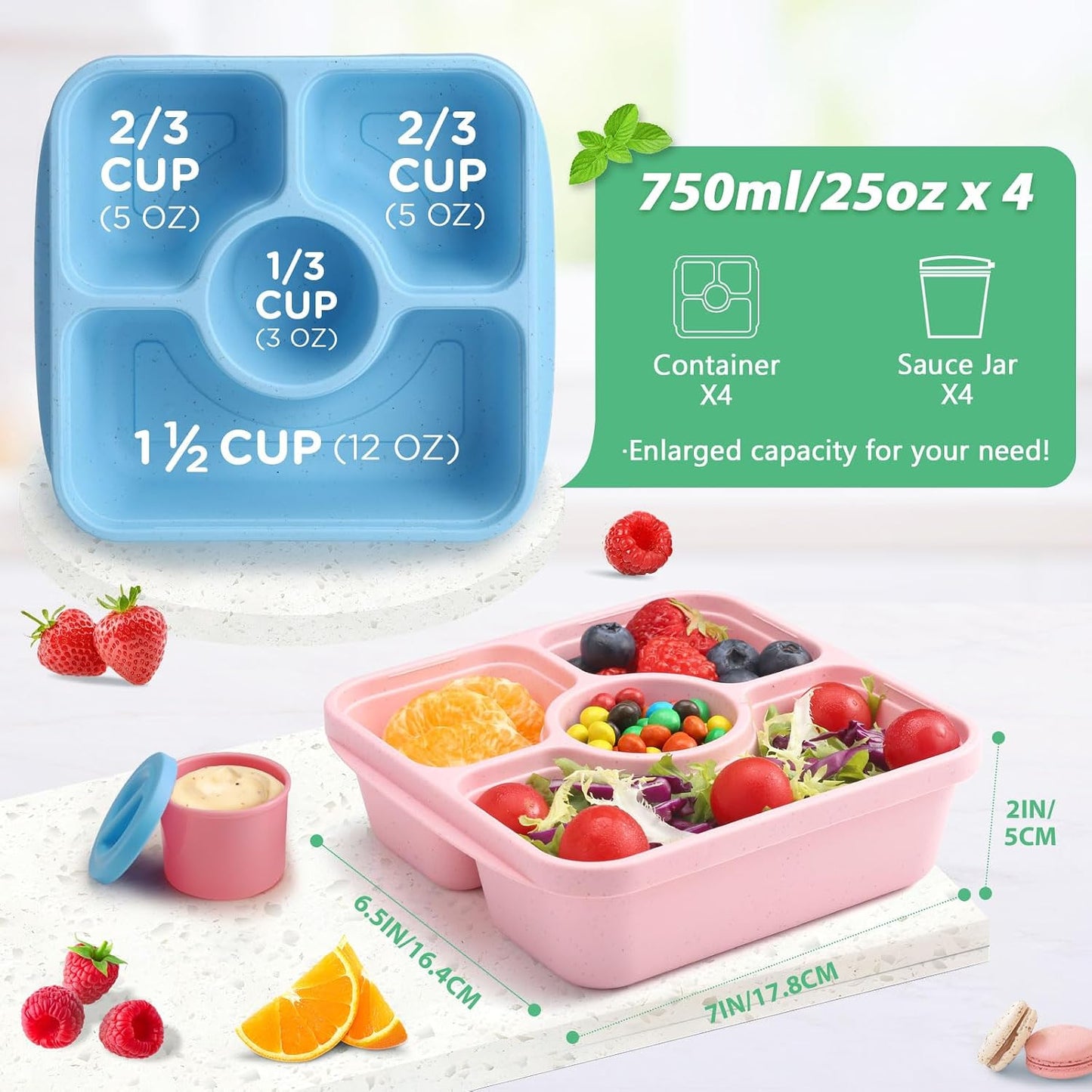 Bento Snack Box Containers for Adults Kids, 4 Pack Lunchable Meal Prep Containers Reusable, Stackable Bento Lunch Box, Food Storage Prep Containers with Lids and 4 Sauce Cups, Pastel Color, Clear Lid