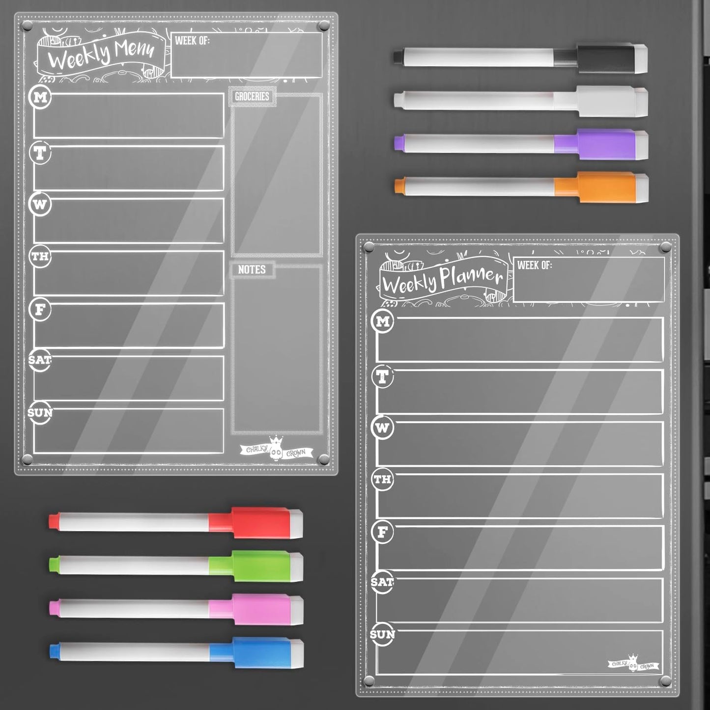 CHALKY CROWN Acrylic Magnetic Weekly Planner for Fridge - Menu Board for Kitchen with 8 Magnetic Markers - Weekly Meal Planner for Fridge with Grocery List & Notepad - Menu Planner (14.5x10.2)