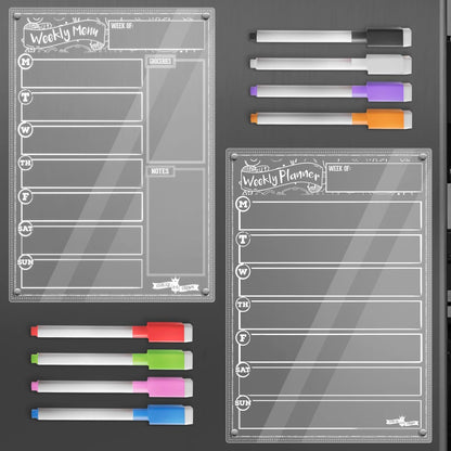 CHALKY CROWN Acrylic Magnetic Weekly Planner for Fridge - Menu Board for Kitchen with 8 Magnetic Markers - Weekly Meal Planner for Fridge with Grocery List & Notepad - Menu Planner (14.5x10.2)