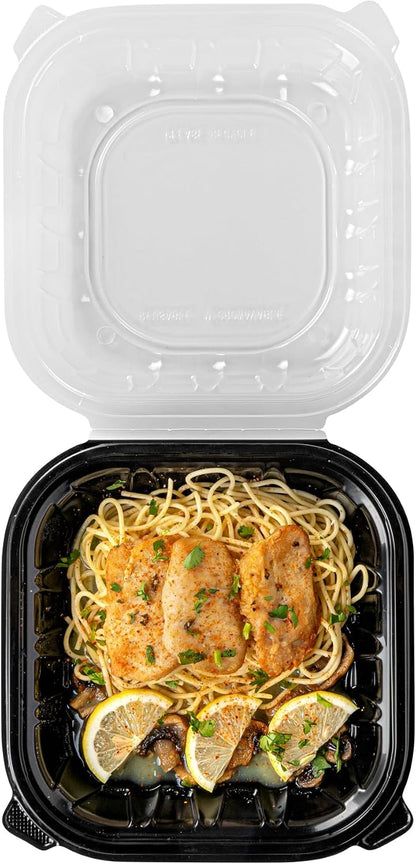 Thermo Tek 40 Ounce Clamshell Containers, 50 Disposable Take Out Boxes - 3 Compartments, Ventilated Lids, Black Plastic Meal Prep Containers, Microwavable, For Pasta Or Salads - Restaurantware