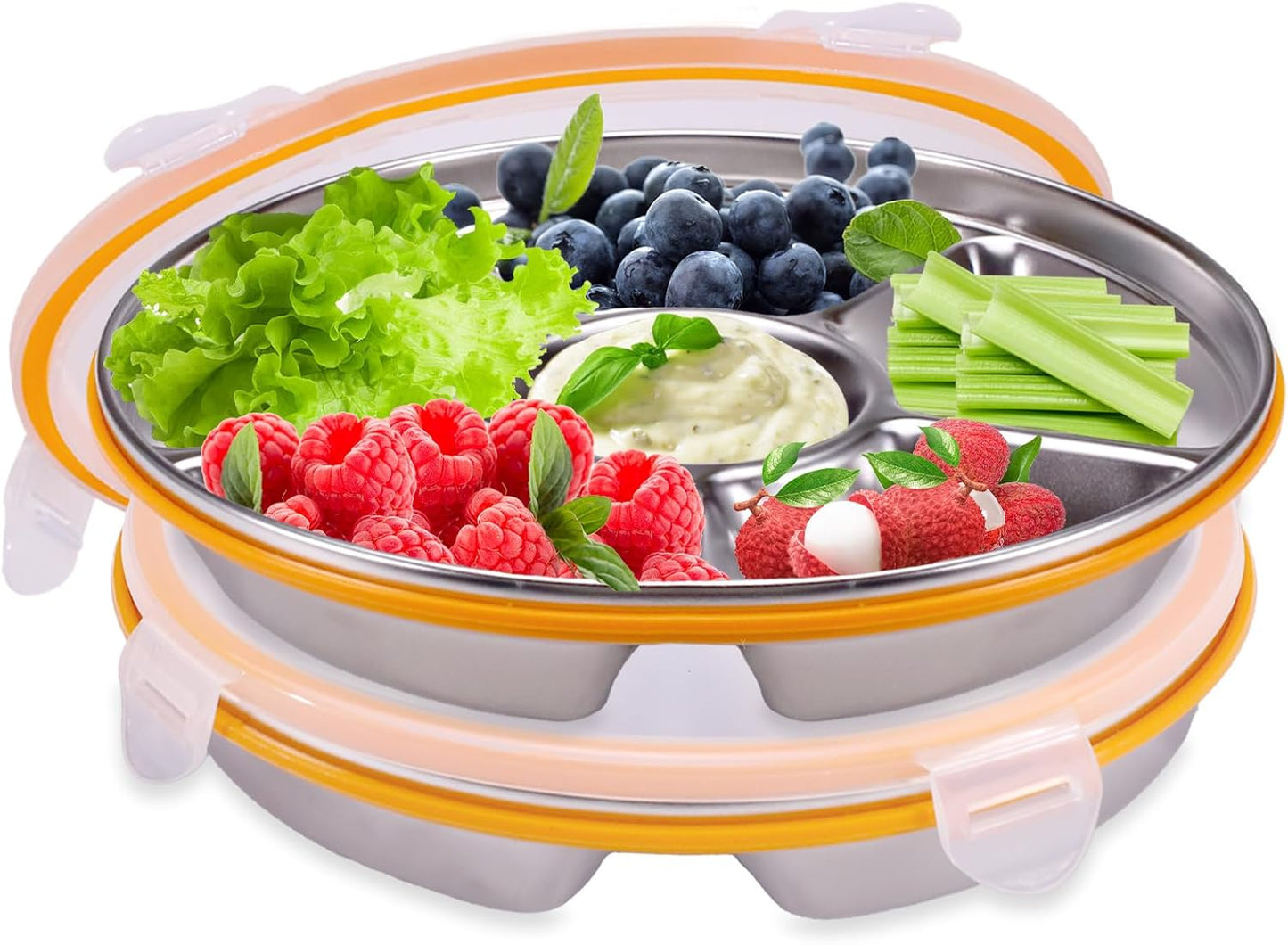 ASTIMESA Divided Serving Tray with Lid 6 Compartments, 10.4 Inch Stainless Steel Round Veggie Tray, Reusable Snack Box Container Fruit Platter Parties Fridge Food Storage Picnic (1 pcs)