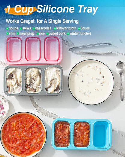 Silicone Freezer Trays With Lid, Stackable 1 Cup Silicone Freezer Molds, Easy To Use Soup Ice Cube Tray, Collapsible Freezing Molds for Meal Prep, Broth, Sauce, Leftovers, Soup Storage Gift Set