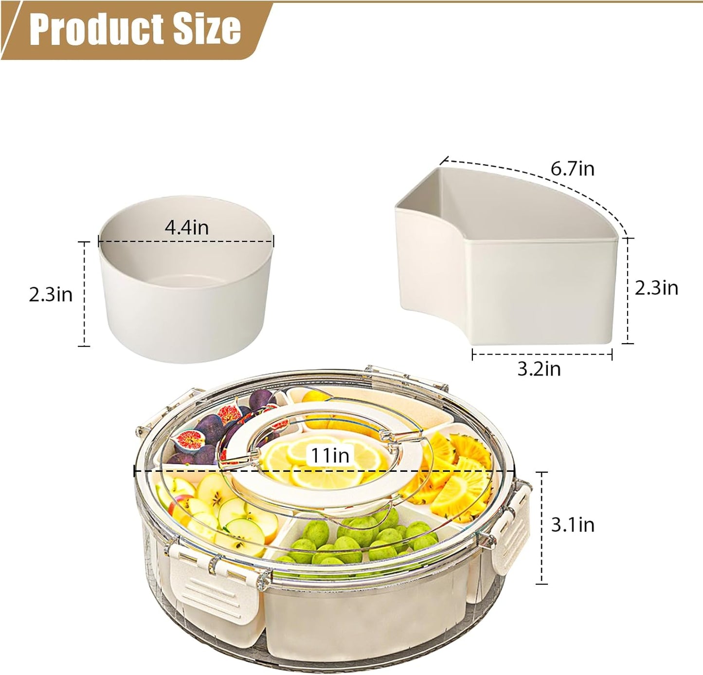 Snackle Box Container Divided Rotating Serving Tray with Lid and Handle, Portable for Fruits Snacks Veggie Charcuterie, Clear Snack Spinner Organizer and Fridge Storage Container for Trave and Picnic