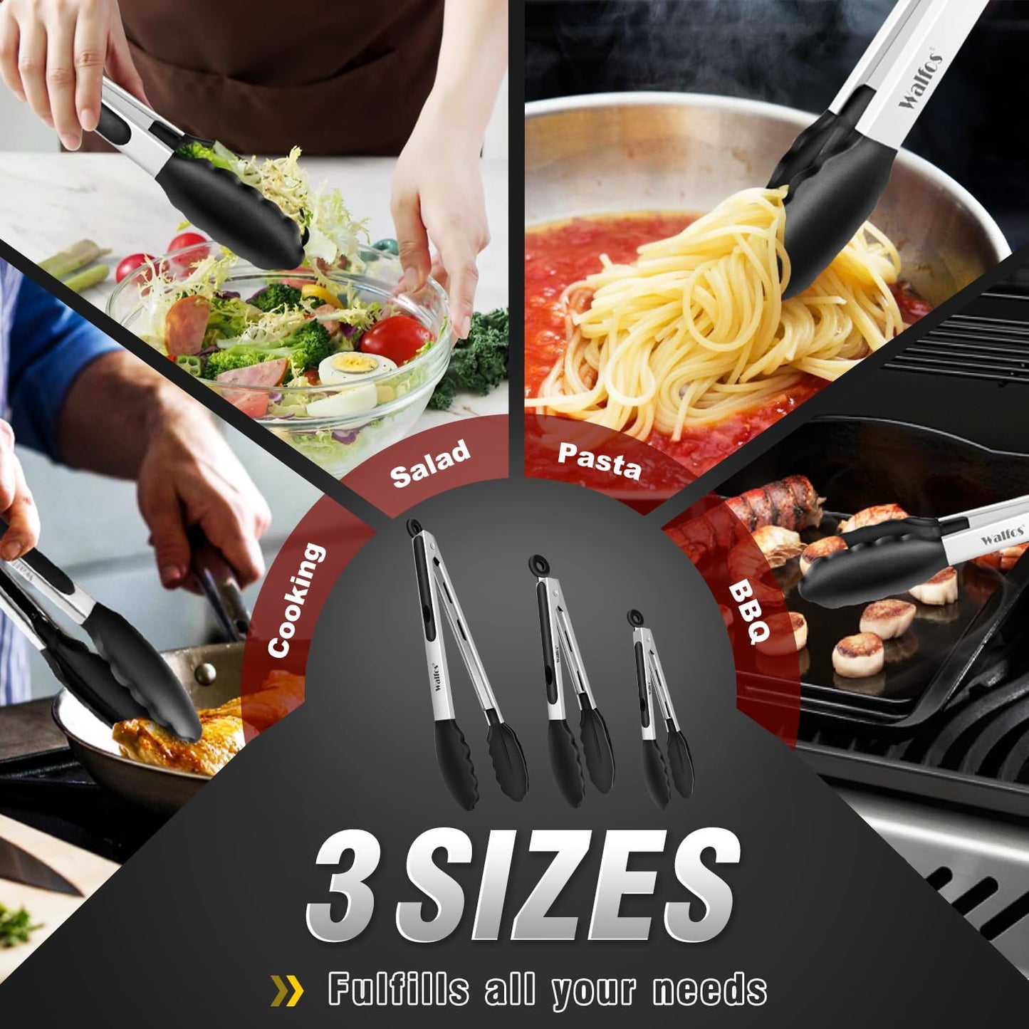 WALFOS Tweezer Tongs for Cooking, Kitchen Tweezers Stainless Steel Pasta Tweezers Tongs for Cooking, Roasting, Grabbing Small Objects, Dessert, BBQ, Spaghetti 3 Pcs (8+10+12-Inch)