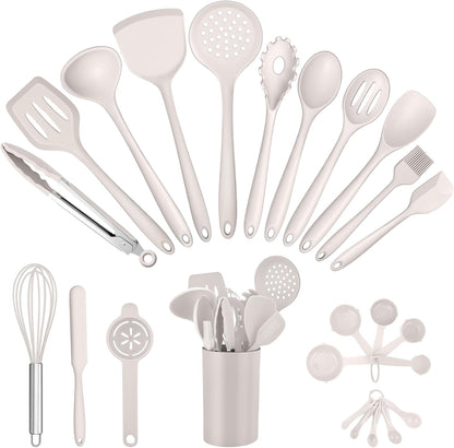 E-far Silicone Cooking Utensils Set, 25 Piece Kitchen Utensils with Holder, Non Toxic Kitchen Tools Spatula, Turner, Spoon, Ladle for Nonstick Cookware, Heat Resistant & Dishwasher Safe - Black