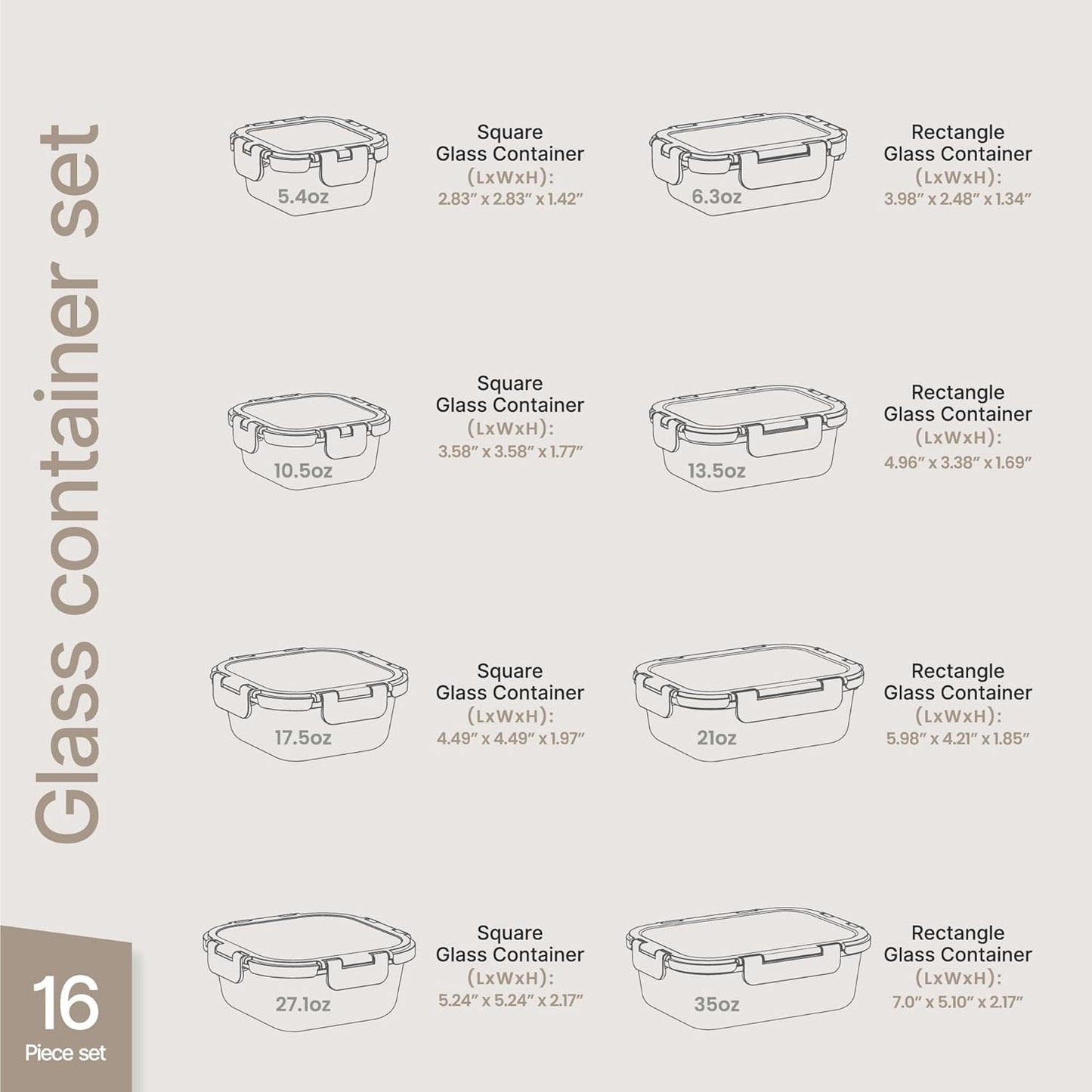 Bakken Borosilicate Glass Food Storage Containers with Lids 16 Pieces, BPA-Free Stackable Lunch & Leftover Containers, Microwave, Freezer & Dishwasher Safe, 100% Airtight Leak-Proof, Gray