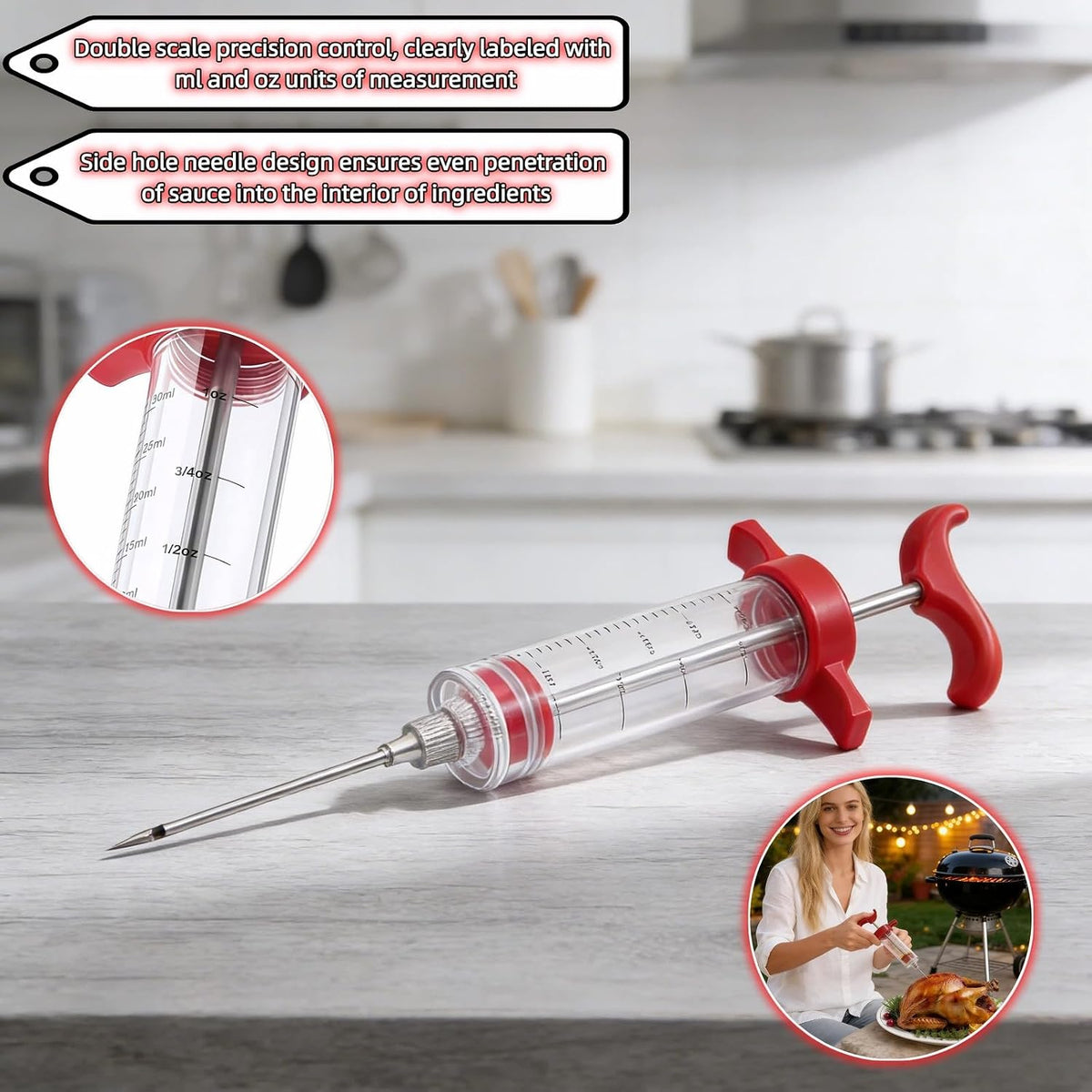 Meat Injector Syringe with Cleaning Brush,30ml/1oz Capacity Turkey Injector with 3"Needle,1 oz Brining Kit for Effortless Marinating-Perfect for BBQ,Chicken,Thanksgiving Turkey,Steak&Grill