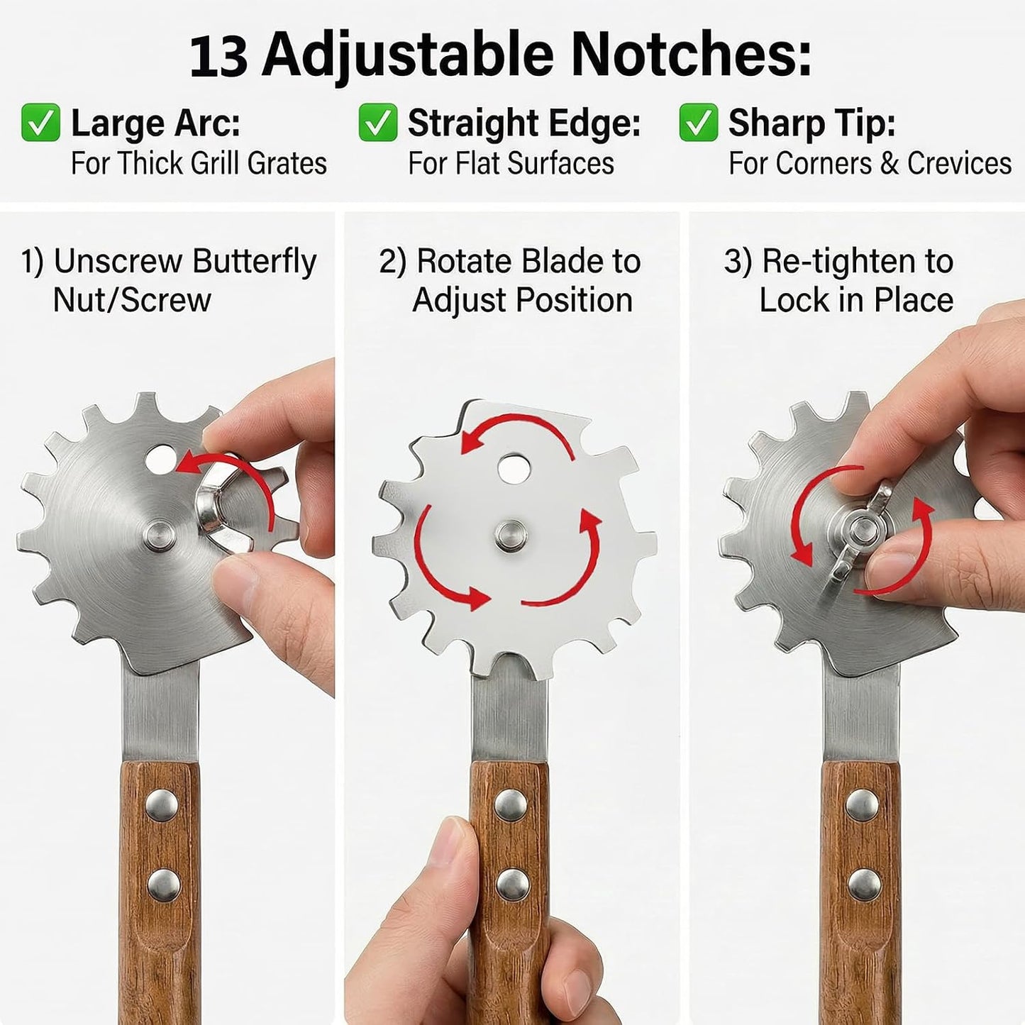 Grill Scraper with Adjustable Blade, 13 Notches Universal Bristle Free Grill Brush for Hot & Cold Grill Grates, Heavy Duty Stainless Steel Grill Cleaning Tool for Gas Charcoal Electric Grills