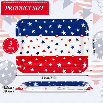 JarThenaAMCS 3PCS Patriotic Serving Trays Reusable Serving Dishes Red Blue White 4th of July Star Melamine Platter for Outdoor Party Independence Day Serving Food Snacks Fruits Dessert