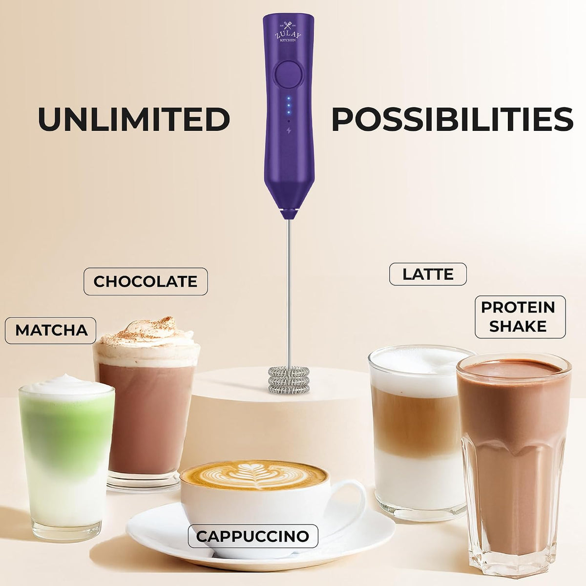 Zulay Kitchen Rechargeable Milk Frother Handheld - Frother Wand, Drink Mixer, Electric Whisk Frother, for Cappuccinos, Matcha & Protein Powder - Dynamic 3 Whisk, 3 Speed 500mAh Black - Colors D