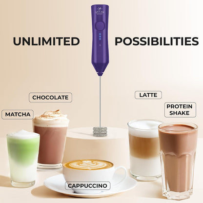 Zulay Kitchen Rechargeable Milk Frother Handheld - Frother Wand, Drink Mixer, Electric Whisk Frother, for Cappuccinos, Matcha & Protein Powder - Dynamic 3 Whisk, 3 Speed 500mAh Black - Colors D