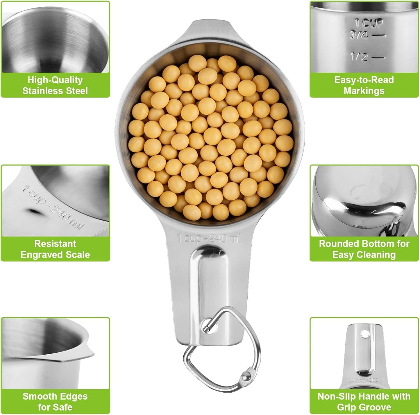 Stainless Steel Measuring Cups Set of 7, Stackable Measure Cups Kitchen Gadgets for Cooking Baking Supplies Tools, Nesting Metal Cup Spoons Easy to Read Markings for Dry & Liquid Measurements Baker