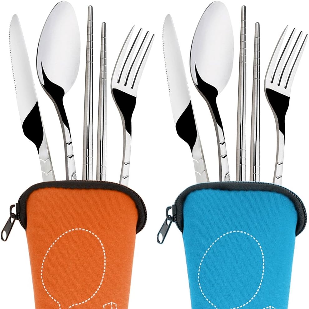 SENHAI 8 Pieces Flatware Sets Knife, Fork, Spoon, Chopsticks, 2 Pack Rustproof Stainless Steel Tableware Dinnerware with Carrying Case for Traveling Camping Picnic Working Hiking