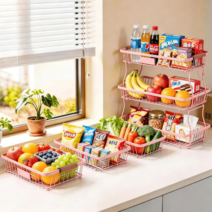 2-Tier Stackable Wire Basket with 2 Banana Hooks, Pantry Organizer for Kitchen Countertops, Cabinets & Under-Sink Spaces; Ideal for Storing Snacks, Fruits, Veggies, Onions, Potatoes, & More,Black