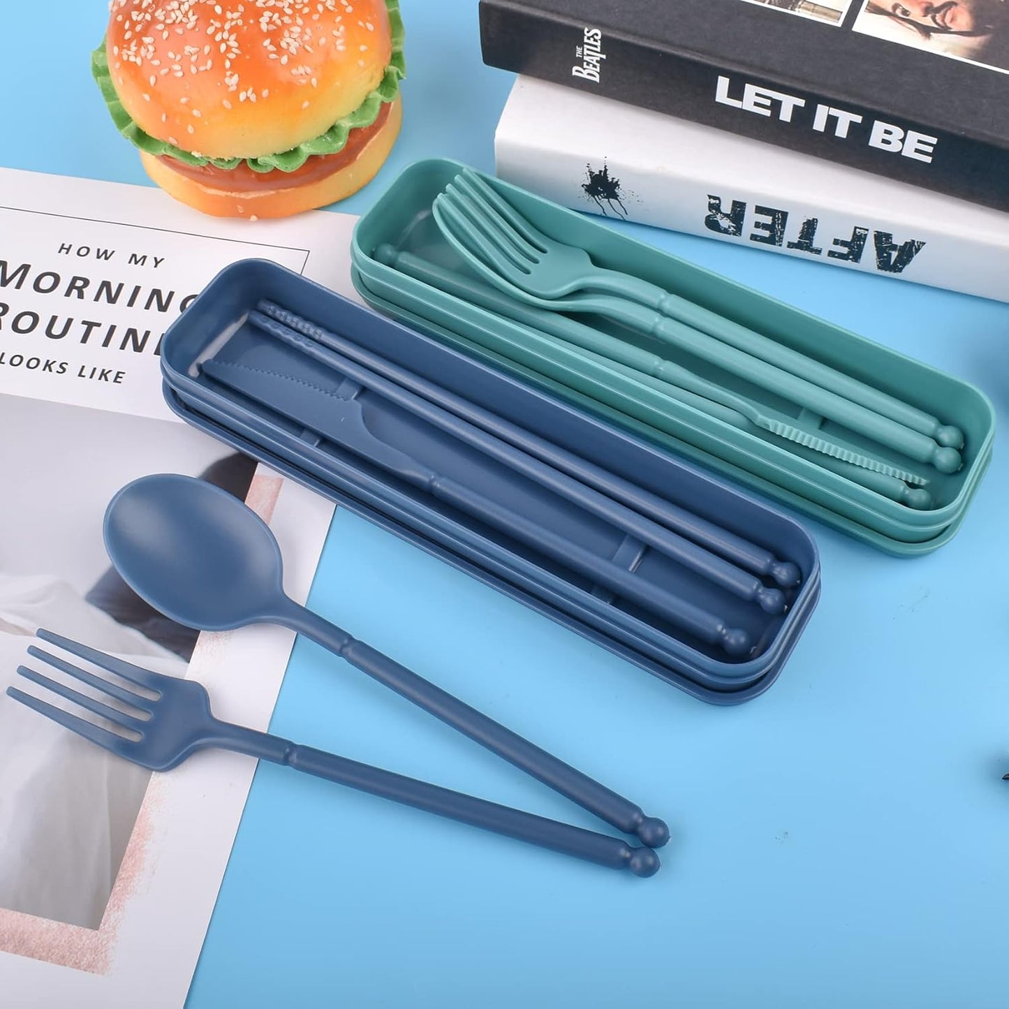 Reusable Utensils Set with Case, Plastic Travel Utensils, 1 Sets Plastic Spoons and Forks Set for Lunch Box, Picnic, Travel, Camping (Blue)