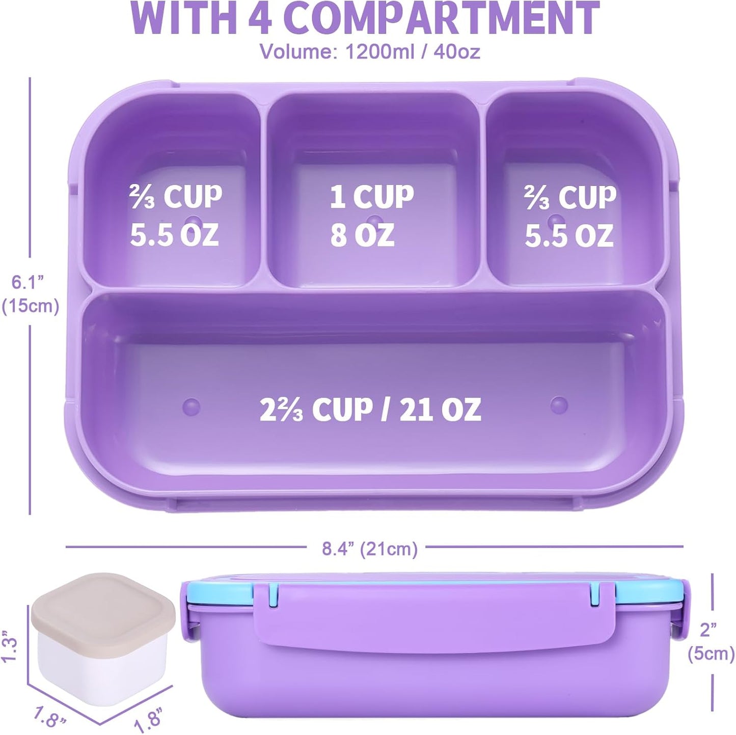 Bento Box Adult Lunch Box, Lunch Containers for Kids Girls Boys with 4 Compartments, Lunchable Food Container with Utensils, Sauce Jar, Muffin Liners, 40 Oz/5 Cup, Microwave Safe, Lavender